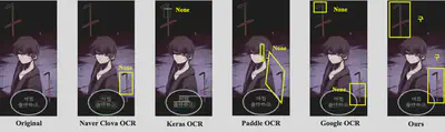 Comparison of the original webtoon panel, four OCR baselines, and SFXGraph predictions.
