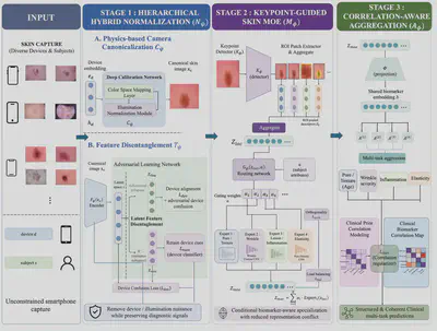 Skin diagnosis framework combining hierarchical hybrid normalization, keypoint-guided Skin Mixture-of-Experts, and biomarker-aware aggregation.